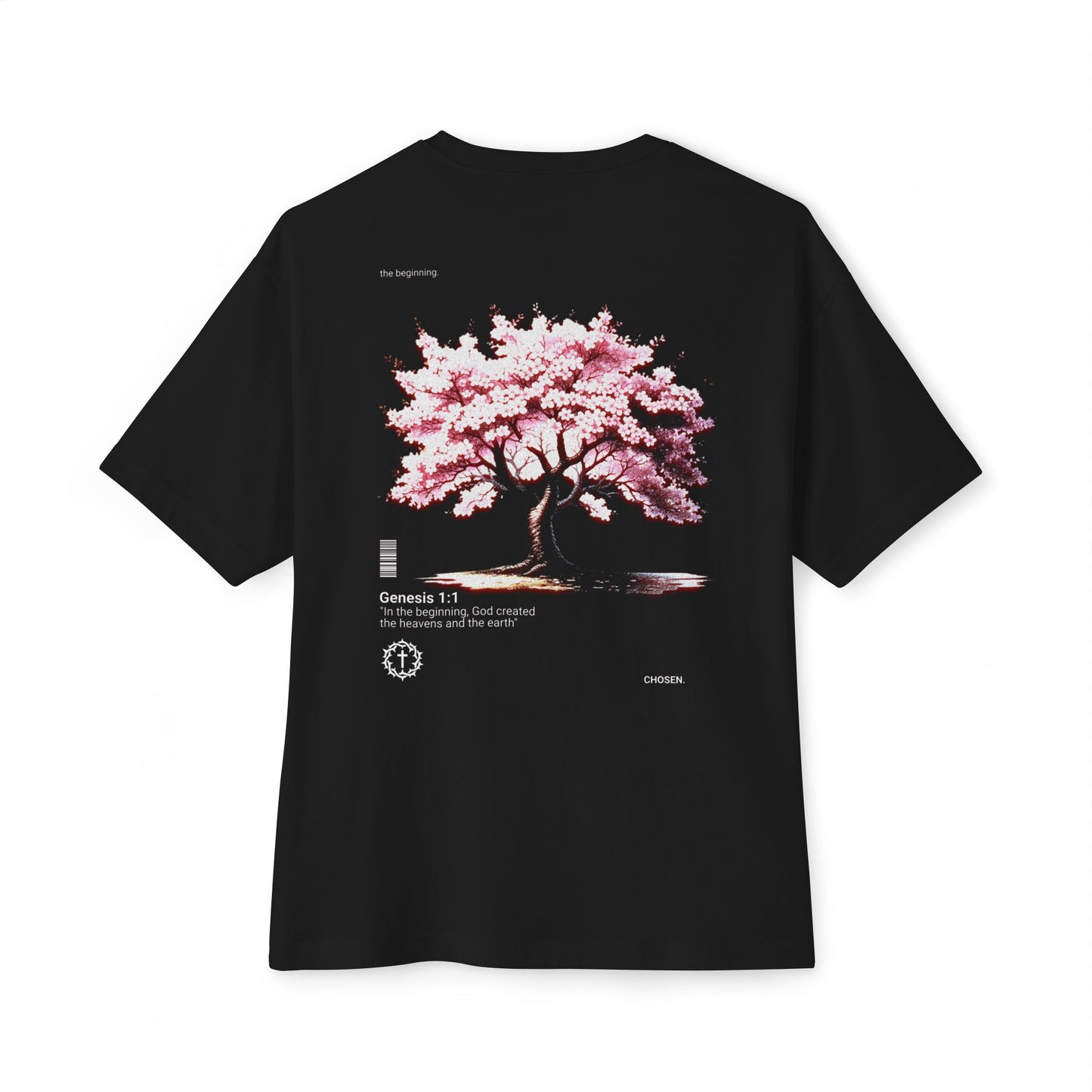 Black Christian t-shirt with Genesis 1:1 orchard tree graphic and Chosen branding.