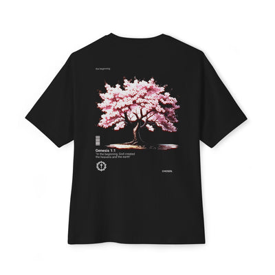 Black Christian t-shirt with Genesis 1:1 orchard tree graphic and Chosen branding.